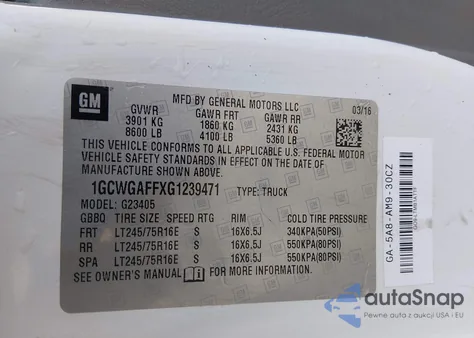 2016 Chevrolet Express 2500 Work Van z USA, uszkodzony, nr VIN 1GCWGAFFXG1239471